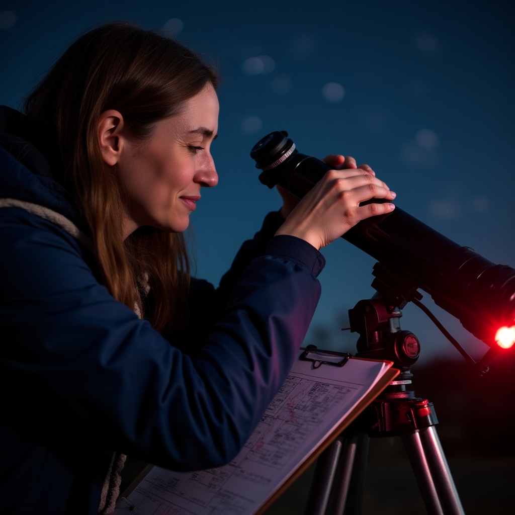 Participant la un atelier de astronomie folosind un telescop refractor noaptea