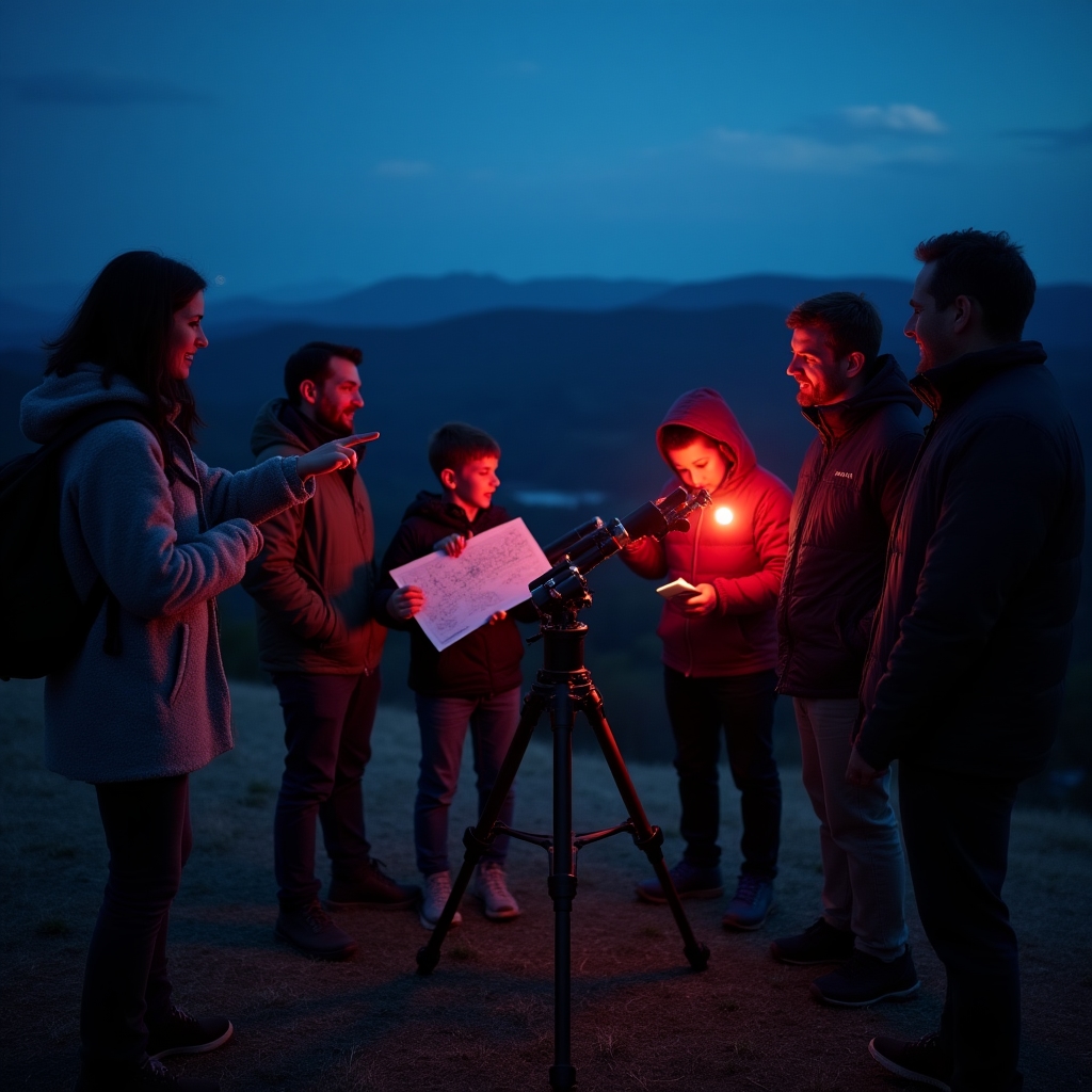 Grup de participanți la un curs de astronomie recreativă în aer liber, privind prin telescoape