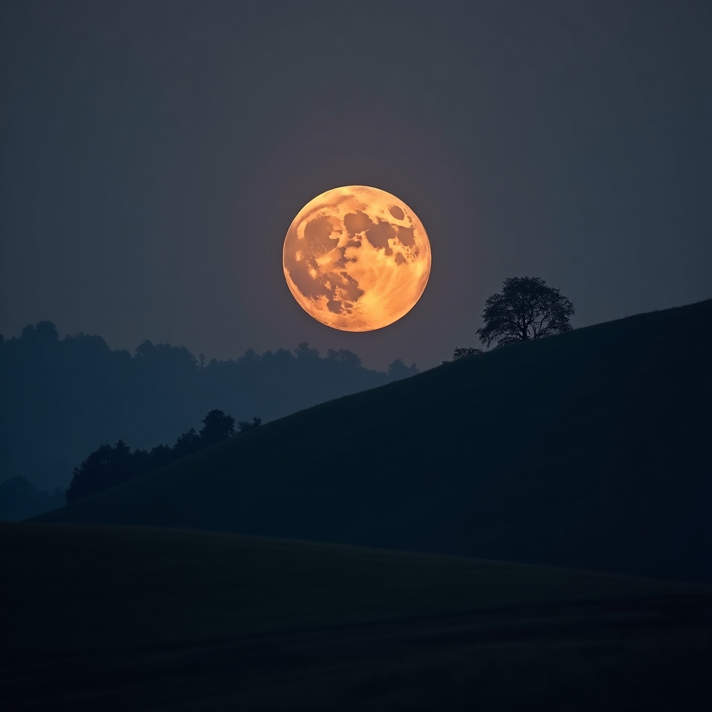 Luna plină răsărind la orizont deasupra unui deal din Transilvania