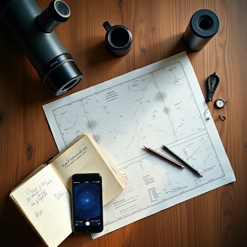 Harta cerului nocturn cu marcaje pentru planificarea unei sesiuni de observație astronomică